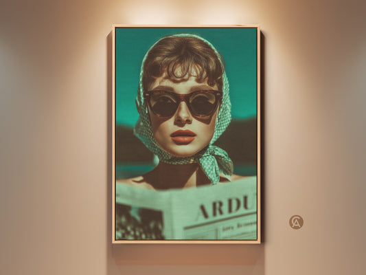 Mid-Century Modern wall art featuring a woman. She's wearing sunglasses and a headscarf. This retro woman portrait is a vintage newspaper aesthetic. It showcases a teal and orange fashion canvas. A chic and stylish piece of wall art.