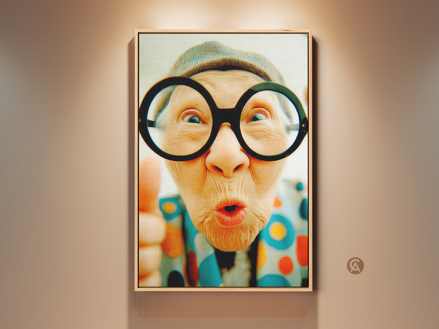 Gallery artwork of a senior woman with oversized glasses. Her expression is surprised. The artwork is framed in a natural wood tone. Find unique wall art for your home decor here.