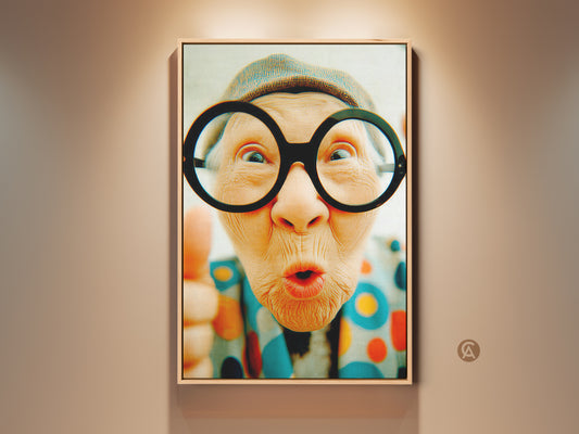 Gallery artwork of a senior woman with oversized glasses. Her expression is surprised. The artwork is framed in a natural wood tone. Find unique wall art for your home decor here.