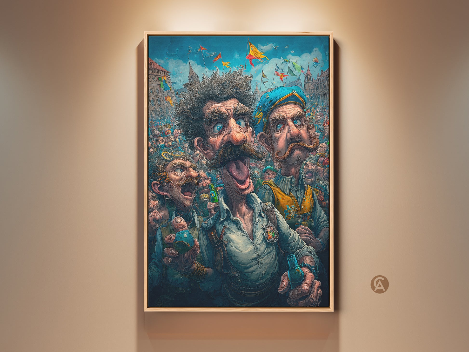 A framed artwork print shows a lively crowd scene. Three men with expressive faces are in the foreground. They appear to be enjoying a festival. The artwork captures a festive atmosphere with colorful flags and detailed architecture in the background. Perfect wall decor for art lovers.