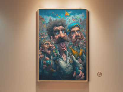 A framed artwork print shows a lively crowd scene. Three men with expressive faces are in the foreground. They appear to be enjoying a festival. The artwork captures a festive atmosphere with colorful flags and detailed architecture in the background. Perfect wall decor for art lovers.