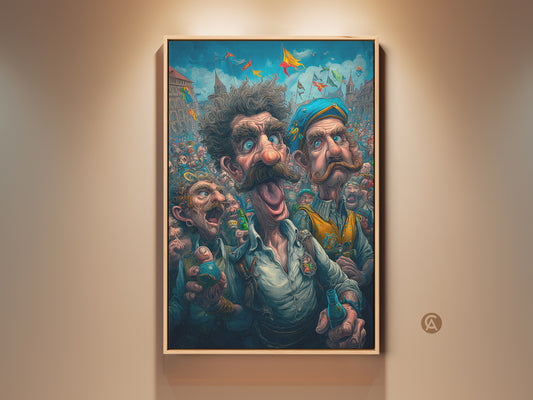 A framed artwork print shows a lively crowd scene. Three men with expressive faces are in the foreground. They appear to be enjoying a festival. The artwork captures a festive atmosphere with colorful flags and detailed architecture in the background. Perfect wall decor for art lovers.