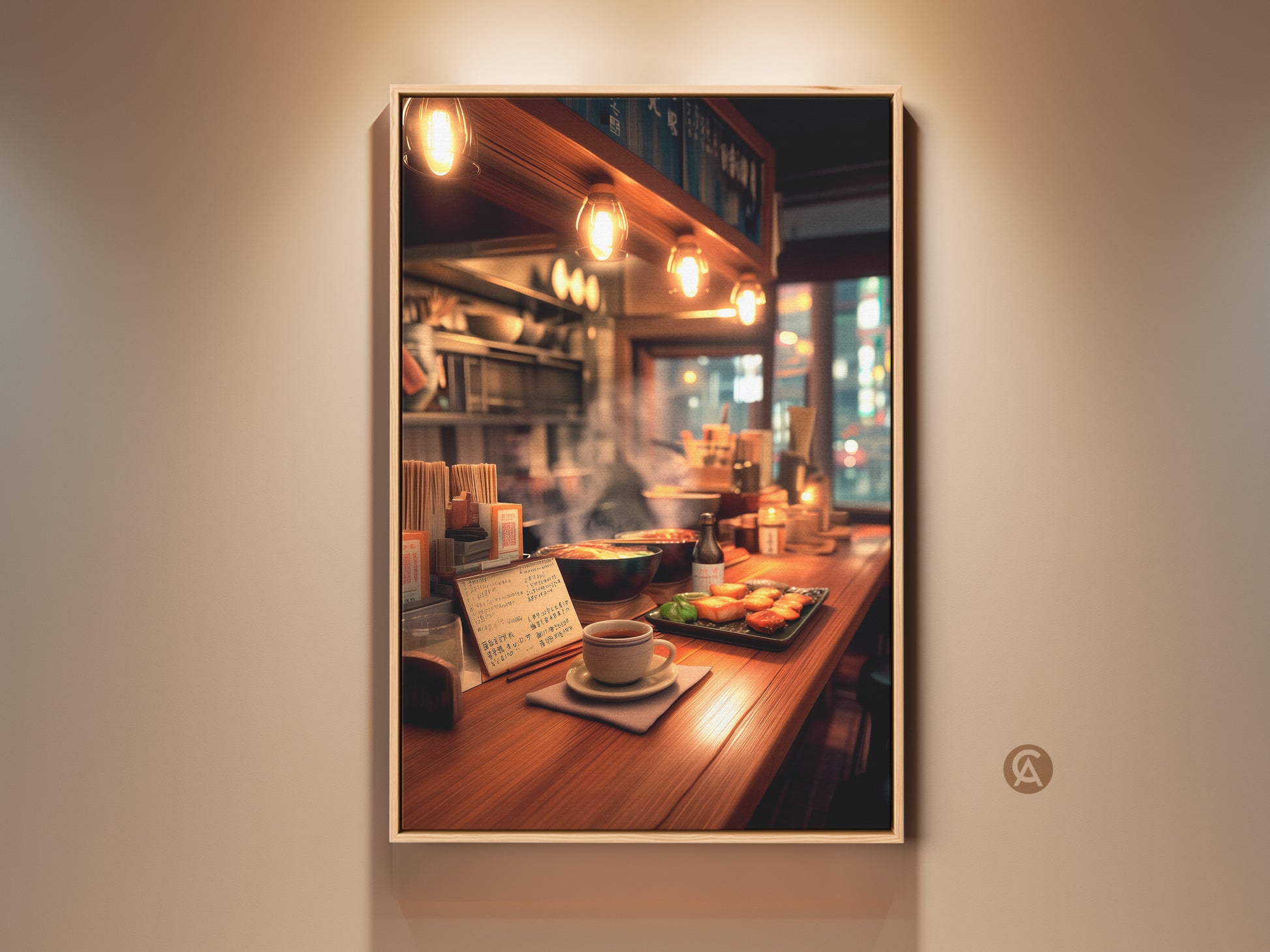 Framed artwork of a cozy ramen bar interior. The warm lighting highlights the wooden counter. A cup of tea and appetizers are featured. Perfect wall art for restaurant decor. This framed canvas adds warmth to any dining space.