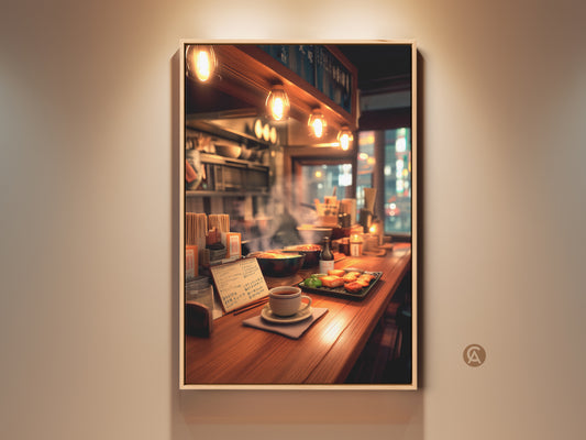 Framed artwork of a cozy ramen bar interior. The warm lighting highlights the wooden counter. A cup of tea and appetizers are featured. Perfect wall art for restaurant decor. This framed canvas adds warmth to any dining space.