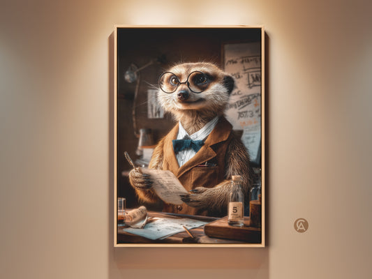 Professor Meerkat art print in a study setting. This vintage animal study decor features a meerkat dressed as a scholar. It's an eclectic piece perfect for office wall art. A great gift for animal lovers with a tan brown color palette.