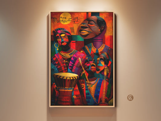 Vibrant Afrocentric family artwork on canvas. Tribal people are depicted with Red Orange Green colors. This eclectic wall decor brings cultural depth. It's a perfect gift for music lovers. The family is immersed in music with a juju drum at the forefront. Enhance your space with this joyful family artwork. This is ideal for adding a lively artistic touch to any home.