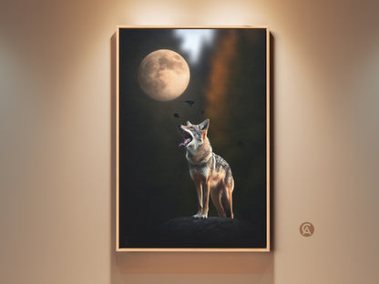 Coyote howls at the moon in this wildlife canvas print. The tan and dark green tones create a surreal animal art piece. This artwork is a perfect housewarming gift. It adds an eclectic touch to any living space. The coyote and moon create a captivating scene.