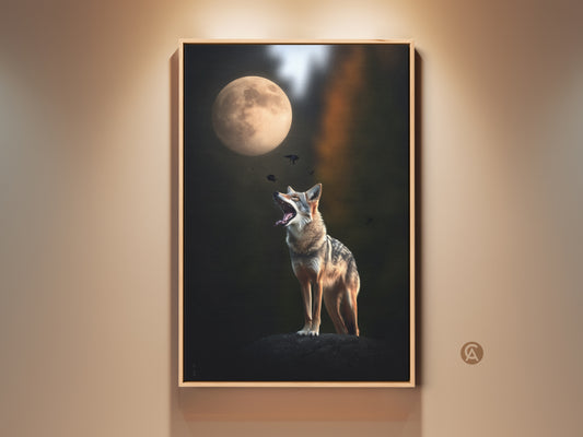Coyote howls at the moon in this wildlife canvas print. The tan and dark green tones create a surreal animal art piece. This artwork is a perfect housewarming gift. It adds an eclectic touch to any living space. The coyote and moon create a captivating scene.