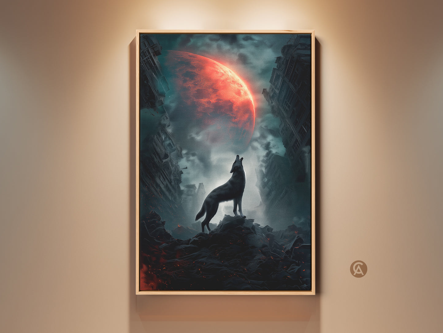 Wolf howling at crimson moon canvas print. Surreal dark fantasy artwork creates a striking statement piece. Sci-fi space decor adds a unique touch to your walls. Post-apocalyptic gift idea for lovers of fantasy art. Perfect wall hanging for eclectic or man cave decor.