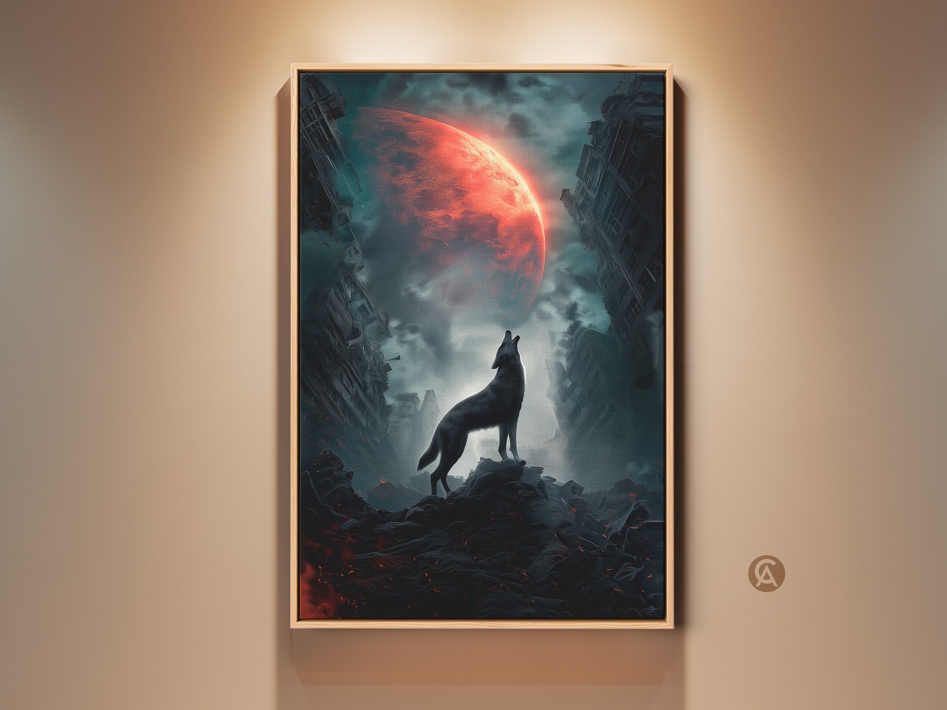 Wolf howling at crimson moon canvas print. Surreal dark fantasy artwork creates a striking statement piece. Sci-fi space decor adds a unique touch to your walls. Post-apocalyptic gift idea for lovers of fantasy art. Perfect wall hanging for eclectic or man cave decor.