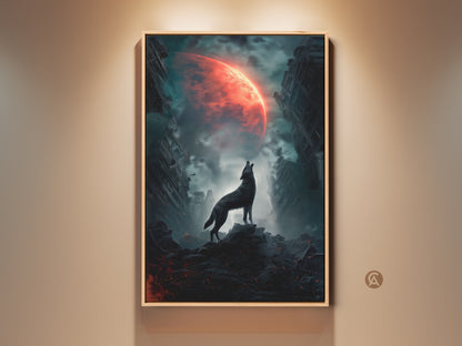 Wolf howling at crimson moon canvas print. Surreal dark fantasy artwork creates a striking statement piece. Sci-fi space decor adds a unique touch to your walls. Post-apocalyptic gift idea for lovers of fantasy art. Perfect wall hanging for eclectic or man cave decor.