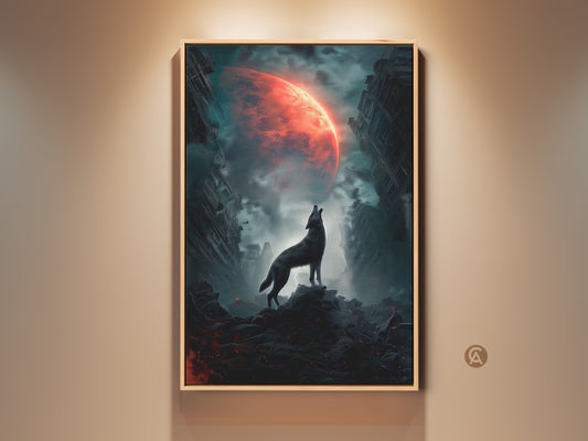 Wolf howling at crimson moon canvas print. Surreal dark fantasy artwork creates a striking statement piece. Sci-fi space decor adds a unique touch to your walls. Post-apocalyptic gift idea for lovers of fantasy art. Perfect wall hanging for eclectic or man cave decor.