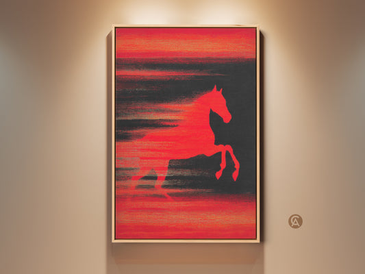 Framed Abstract Horse Wall Artwork. A bold crimson horse leaps across a textured black backdrop. The contemporary piece is framed in natural wood. This dynamic animal canvas print adds modern art appeal to any space. A perfect gift for horse lovers and enthusiasts of abstract animal art.
