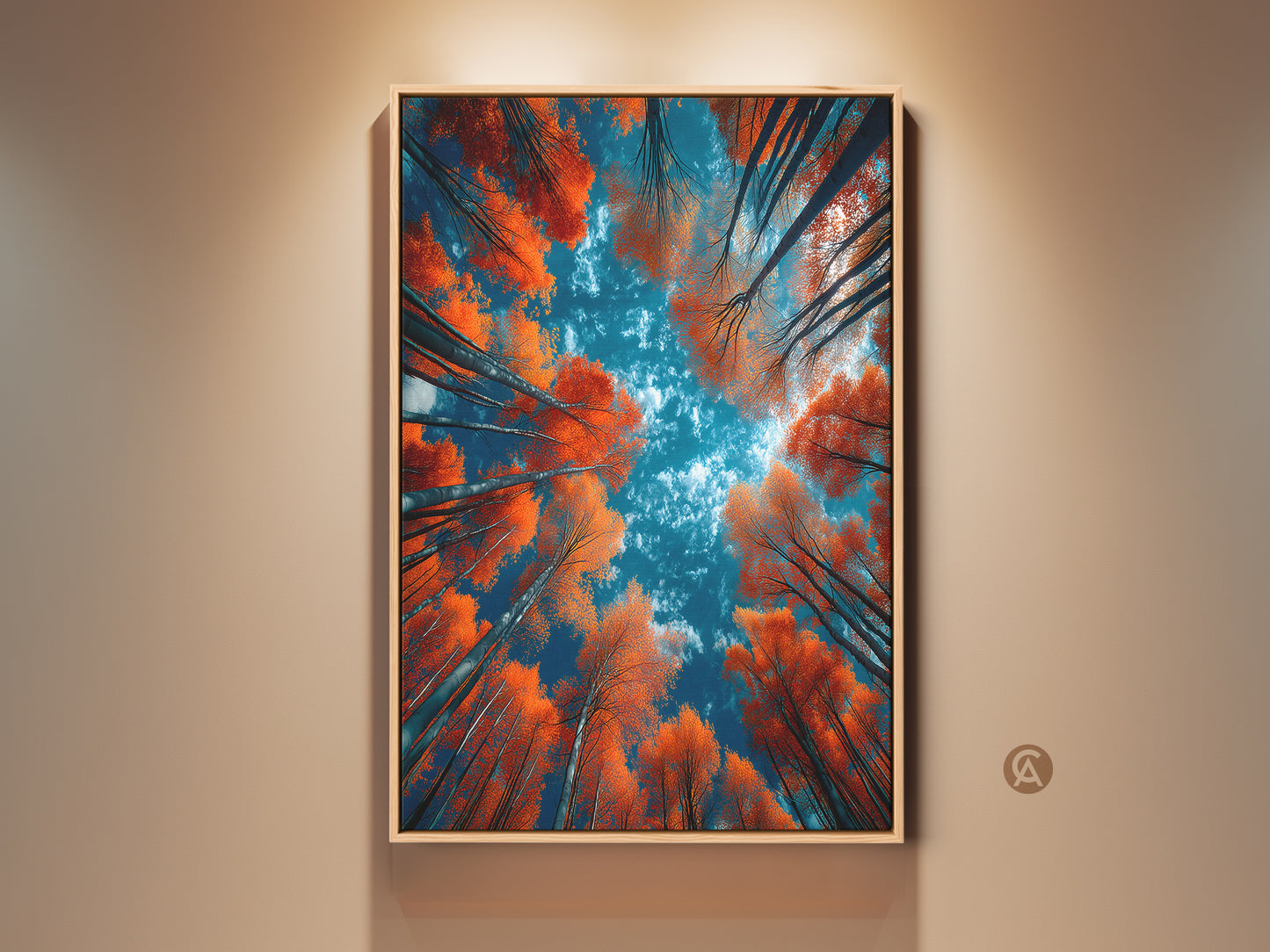 Looking up through a forest of trees with orange leaves into a blue sky artwork. This captivating perspective brings nature's beauty indoors. Perfect wall art for nature lovers. Enhance your home with this vibrant tree art print. Shop now for unique art.