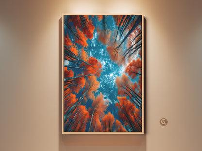 Looking up through a forest of trees with orange leaves into a blue sky artwork. This captivating perspective brings nature's beauty indoors. Perfect wall art for nature lovers. Enhance your home with this vibrant tree art print. Shop now for unique art.