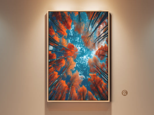 Looking up through a forest of trees with orange leaves into a blue sky artwork. This captivating perspective brings nature's beauty indoors. Perfect wall art for nature lovers. Enhance your home with this vibrant tree art print. Shop now for unique art.