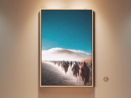 Framed abstract desert art in a room setting adds contemporary style. Motion blur photography creates a sense of movement. This desert landscape wall decor features teal and orange tones. The artwork brings a modern touch to entry hall wall art. A thoughtful gift for travel enthusiasts. Ready to hang art complements contemporary interiors.