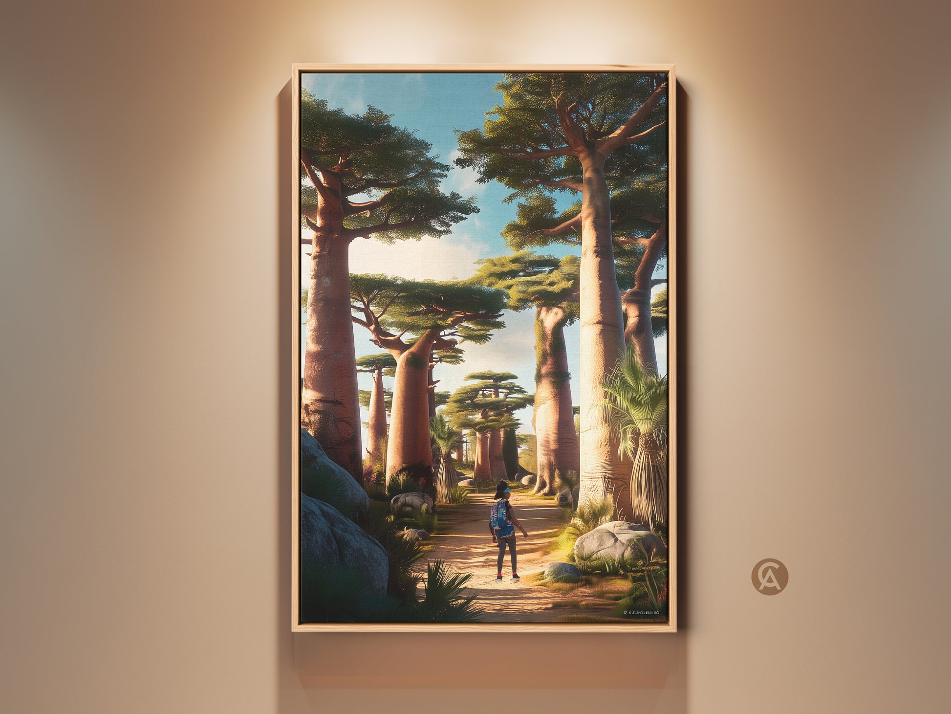 Framed African Baobab Trees Art Print. Earth tone landscape wall art hangs on a beige wall. A traveler walks along a path surrounded by majestic trees. Perfect bedroom decor or a unique housewarming gift.