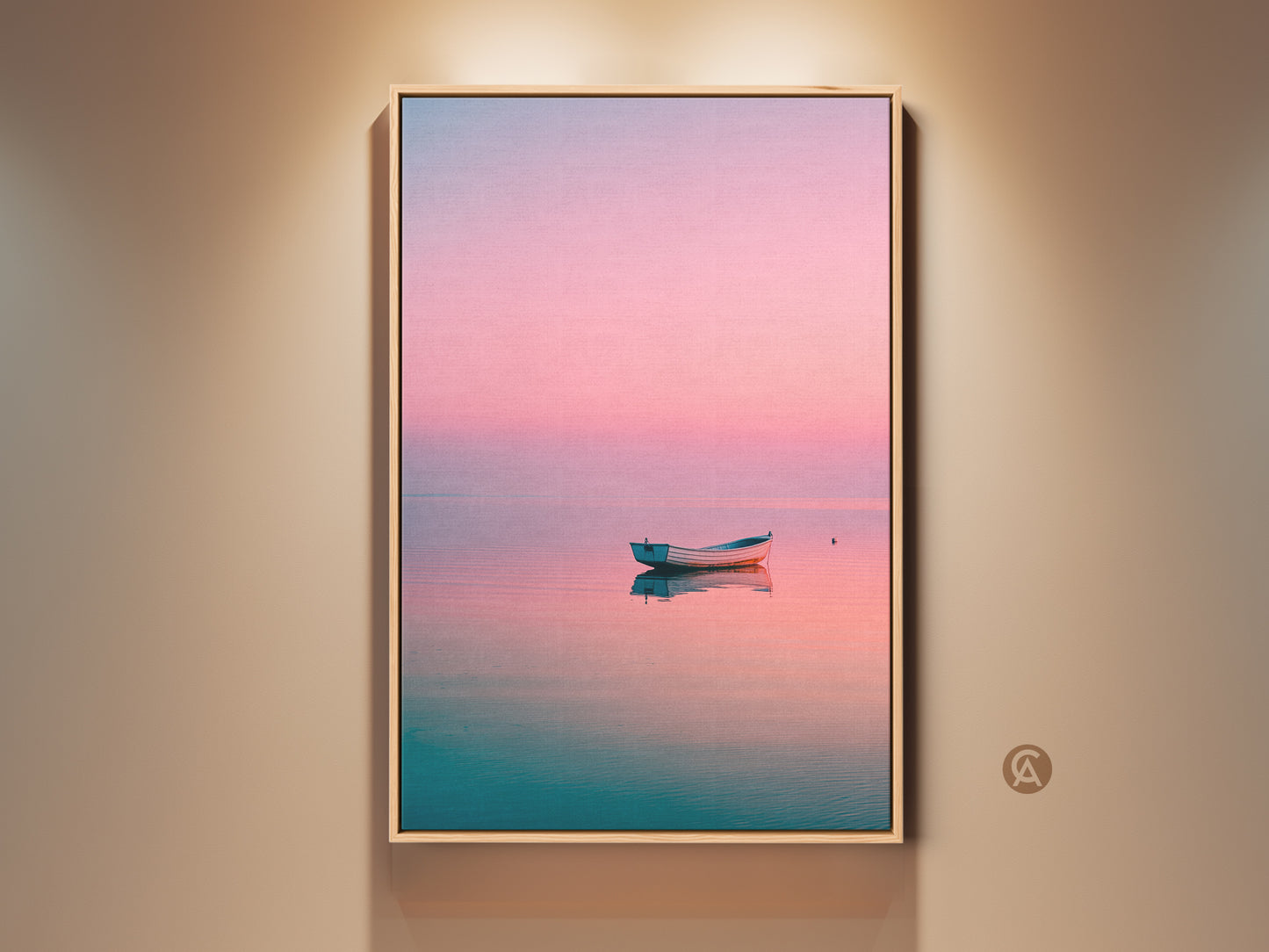 Framed artwork of a serene boat resting on calm water. The sky has pink and blue tones. This fine art print is matted and framed. A tranquil landscape for any room.