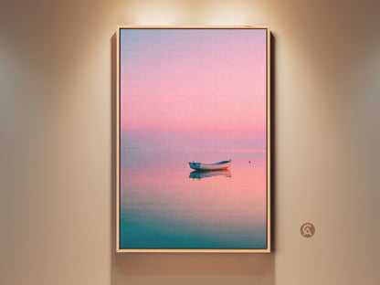 Framed artwork of a serene boat resting on calm water. The sky has pink and blue tones. This fine art print is matted and framed. A tranquil landscape for any room.