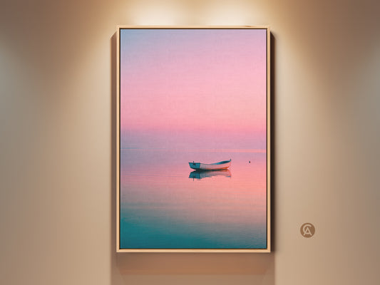 Framed artwork of a serene boat resting on calm water. The sky has pink and blue tones. This fine art print is matted and framed. A tranquil landscape for any room.
