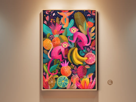 Framed colorful monkey artwork showcases two pink monkeys among tropical fruits and botanicals. This jungle botanical wall art makes an eclectic home decor accent. It's vibrant and whimsical wall decor perfect for adding a playful touch to your living space. Shop now to bring this exotic fruit art print home