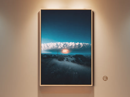 View surreal cityscape canvas artwork. Orange and deep blue hues capture a nuclear explosion. Conceptual art perfect for office or home decor. Modern wall art hanging on a beige wall offering a unique and thought-provoking art piece.