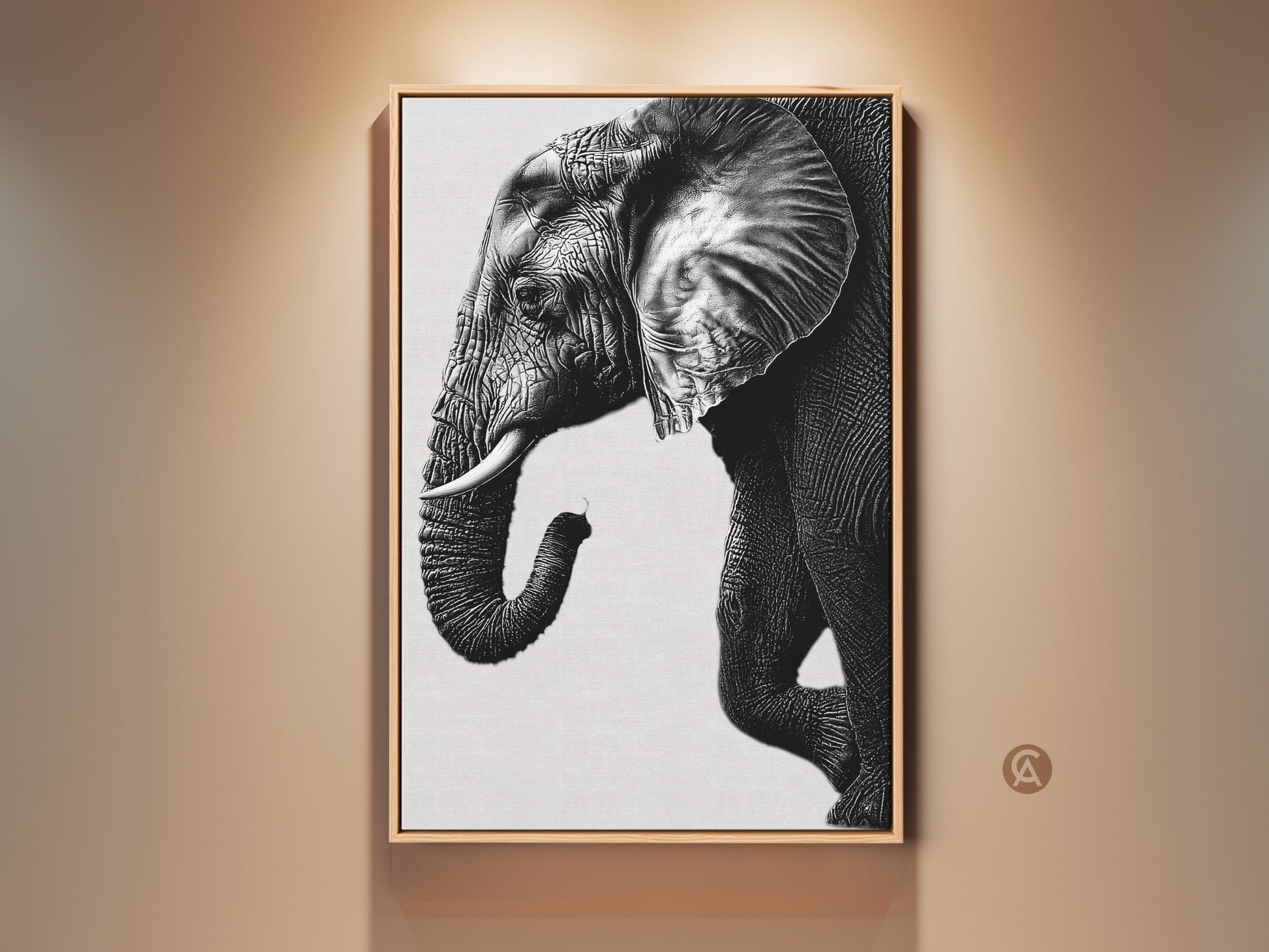 Framed minimalist elephant artwork in black and white hangs on a wall. The modern animal wall decor is a housewarming gift idea. The monochrome elephant art print is visually appealing.