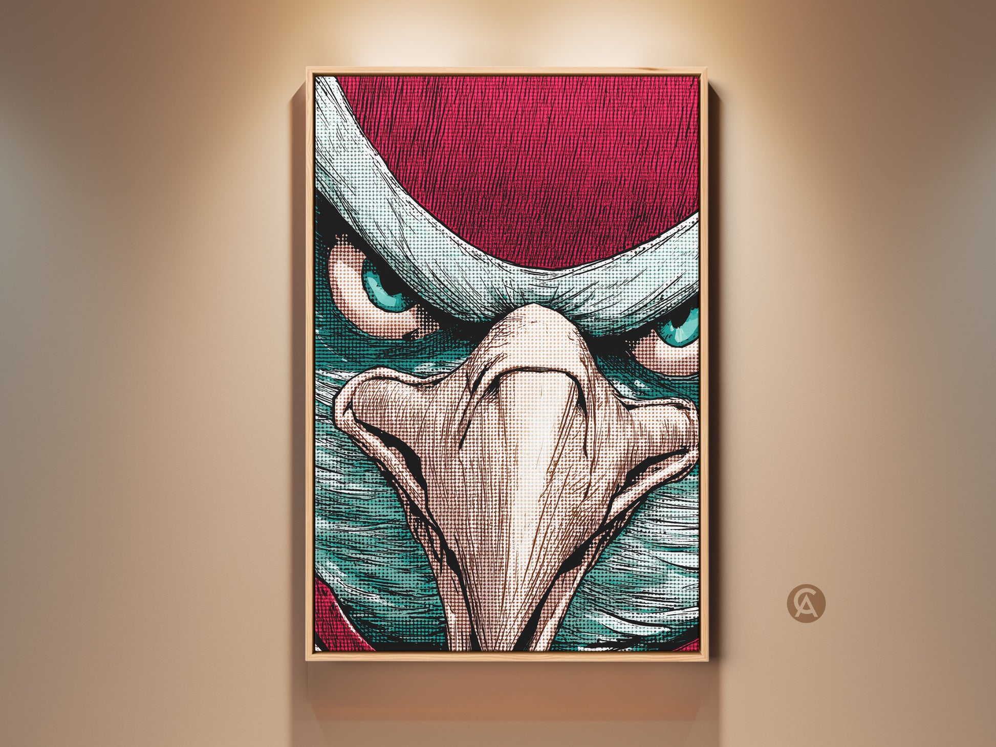 This striking Pop Art Eagle Canvas Print features a close-up. The bird art is rendered in a bold comic style. Crimson and teal create a powerful visual impact. It's perfect for animal lovers adding daring personality to your space. This animal art makes a great office gift.