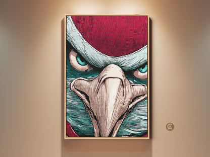 This striking Pop Art Eagle Canvas Print features a close-up. The bird art is rendered in a bold comic style. Crimson and teal create a powerful visual impact. It's perfect for animal lovers adding daring personality to your space. This animal art makes a great office gift.