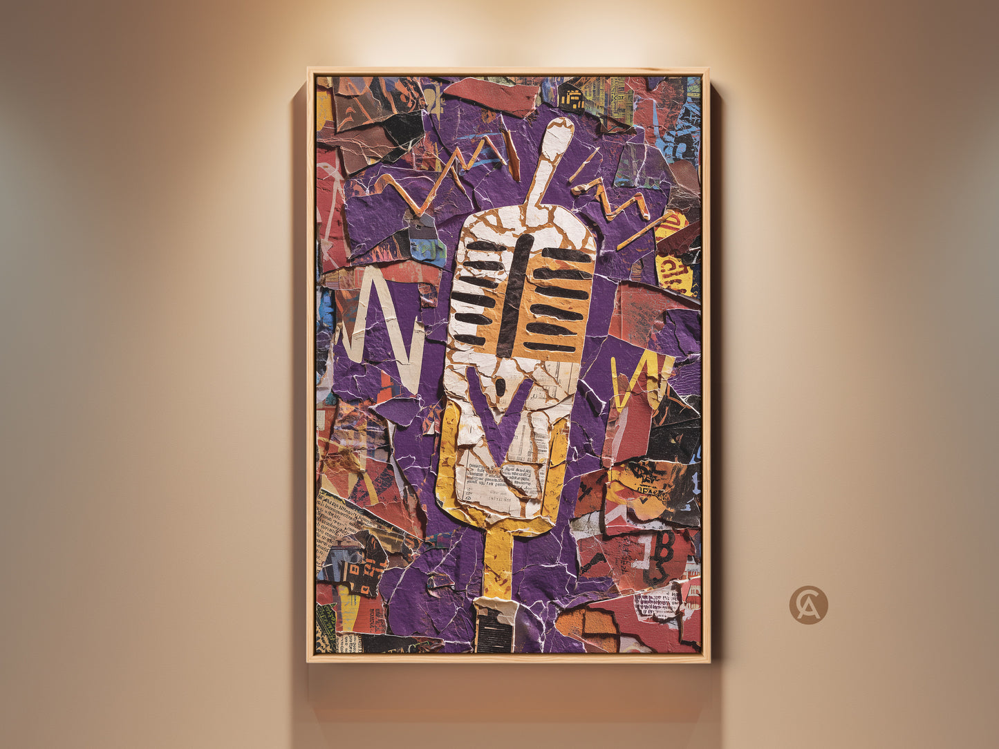 This Canvas Print features a retro microphone in an abstract collage. Bold purple and yellow colors create an eclectic vintage music flair. It is perfect for home or office decor. The high-quality canvas is ready to hang and will enhance any space with its unique sound wave motif.