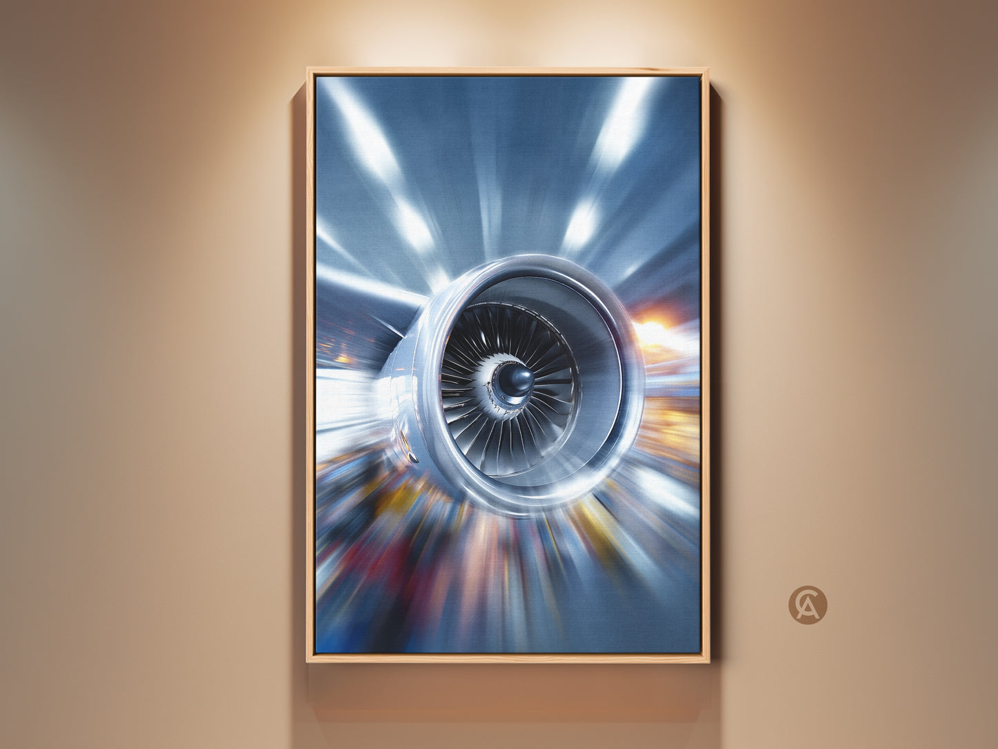 Modern abstract jet engine artwork displayed in a room setting. The industrial technology wall print features metallic blue and silver tones. It adds a touch of sophistication to home or office decor. This aviation-inspired piece is perfect for F1 fans and technology enthusiasts looking for unique wall art.