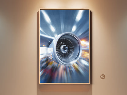 Modern abstract jet engine artwork displayed in a room setting. The industrial technology wall print features metallic blue and silver tones. It adds a touch of sophistication to home or office decor. This aviation-inspired piece is perfect for F1 fans and technology enthusiasts looking for unique wall art.
