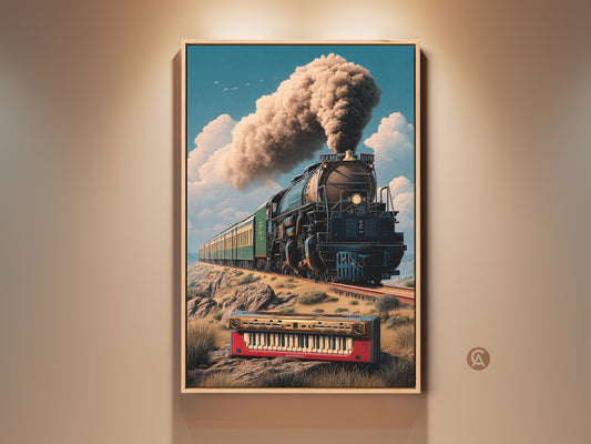 Vintage steam train art print displays a retro locomotive with a keyboard. The surreal artwork blends music transport & travel themes. Perfect eclectic wall decor for study room or office space. Gift for music and train enthusiasts. Unique canvas adds a touch of retro futurism to your home.