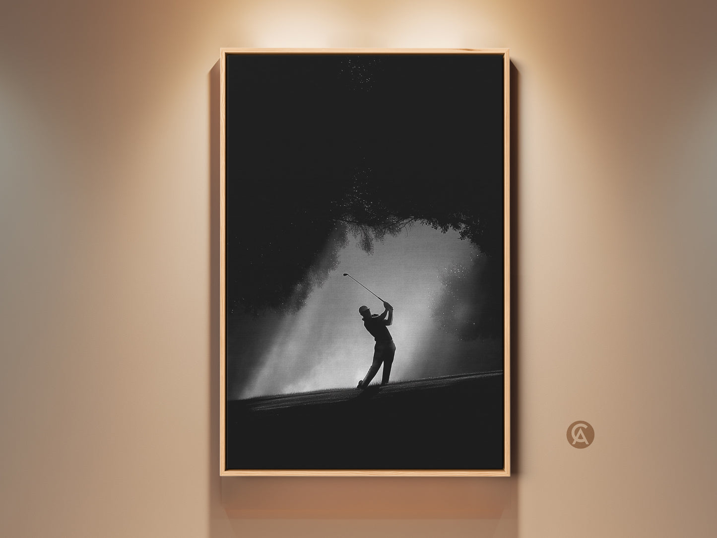 Dramatic black and white golf art print. A golfer is captured mid-swing in a powerful pose. The artwork is framed in a warm wood tone. Perfect for golf enthusiasts or a modern home decor statement.