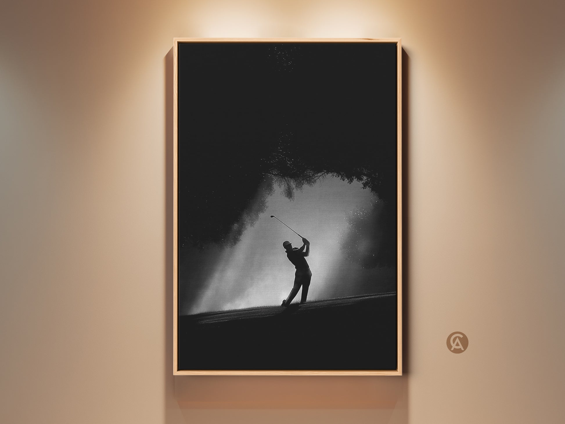 Dramatic black and white golf art print. A golfer is captured mid-swing in a powerful pose. The artwork is framed in a warm wood tone. Perfect for golf enthusiasts or a modern home decor statement.