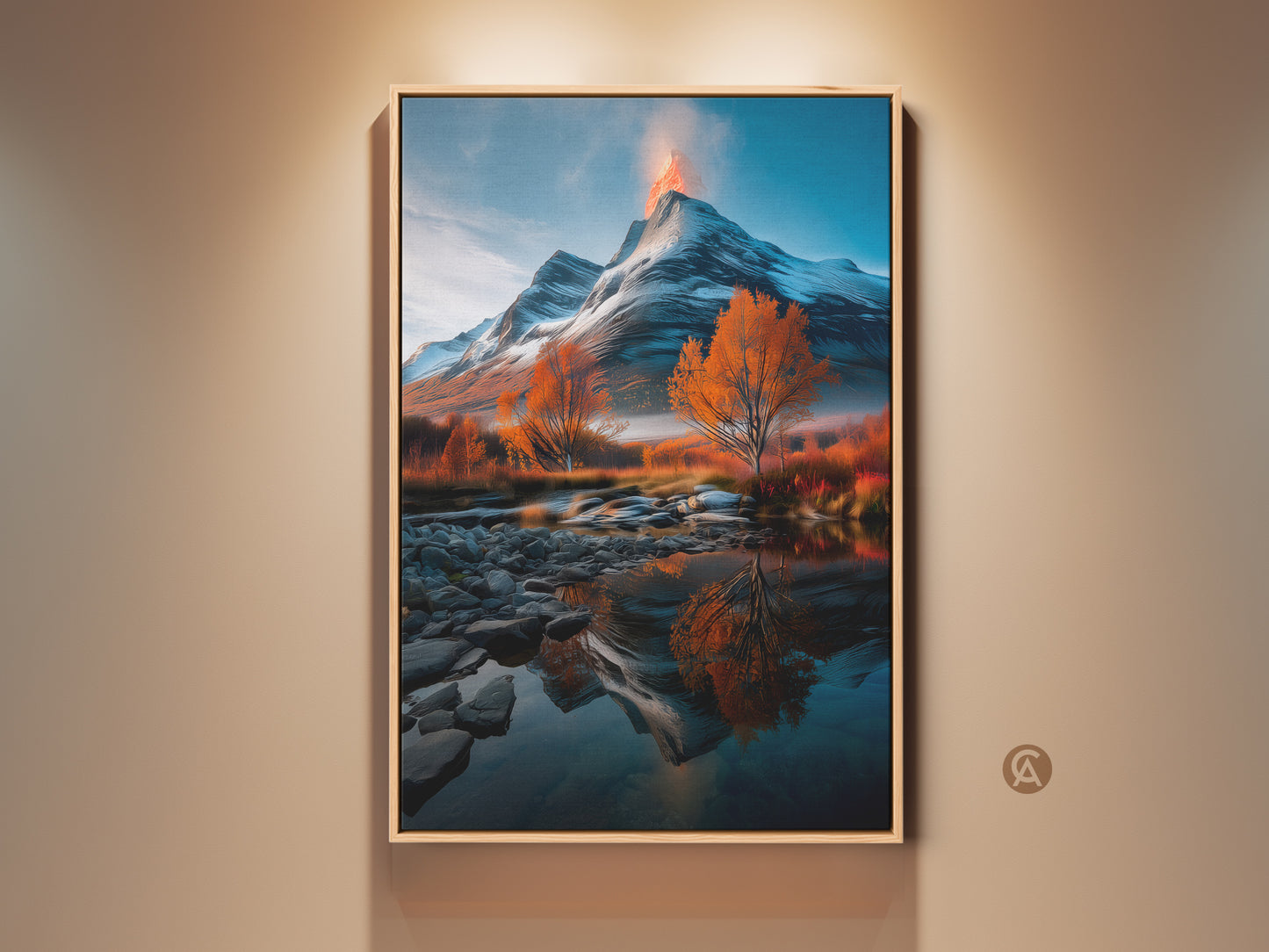Rustic mountain landscape canvas print in a wood frame. The snowy volcano artwork has orange autumn trees reflected in a river. This nature home decor would make a great housewarming gift. The wall art adds rustic charm and natural beauty to any room. It is a perfect wall art for nature lovers.