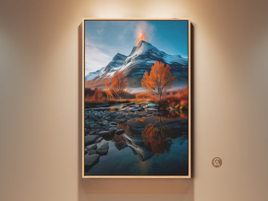 Rustic mountain landscape canvas print in a wood frame. The snowy volcano artwork has orange autumn trees reflected in a river. This nature home decor would make a great housewarming gift. The wall art adds rustic charm and natural beauty to any room. It is a perfect wall art for nature lovers.