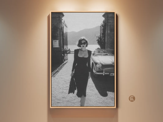 Black and white art print featuring a stylish woman and a vintage convertible car. This artwork captures Art Deco elegance. Perfect as wall decor. Ideal gift for car enthusiasts. Enhance your space with timeless classic beauty wall art.