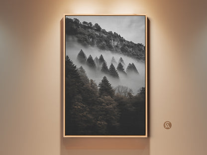 Framed dark green forest canvas print. This monochrome mountain wall art features pine trees in a foggy landscape. Perfect bedroom wall decor for modern nature art lovers. This atmospheric forest canvas brings woodland beauty to any home. A great housewarming gift art.
