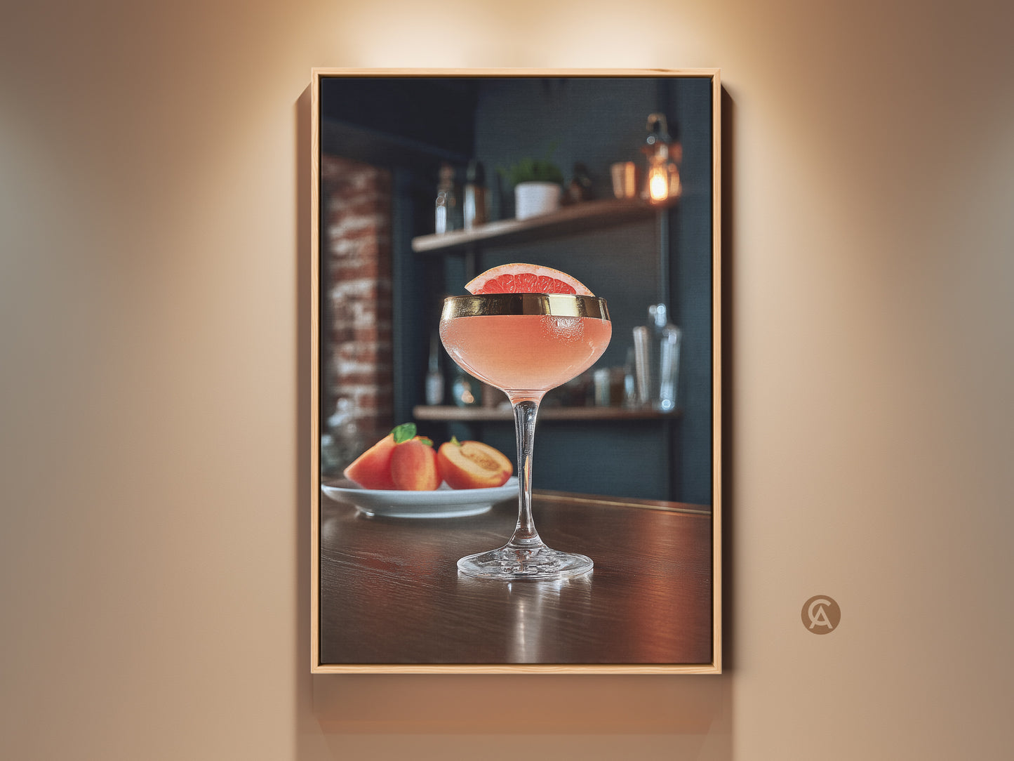 Framed Grapefruit & Peach Cocktail Art Print. This pink drink canvas wall art is perfect for kitchen or bar decor. It features a Scandinavian theme and is a great housewarming gift. This is a refreshing beverage artwork for cafe or home bar.