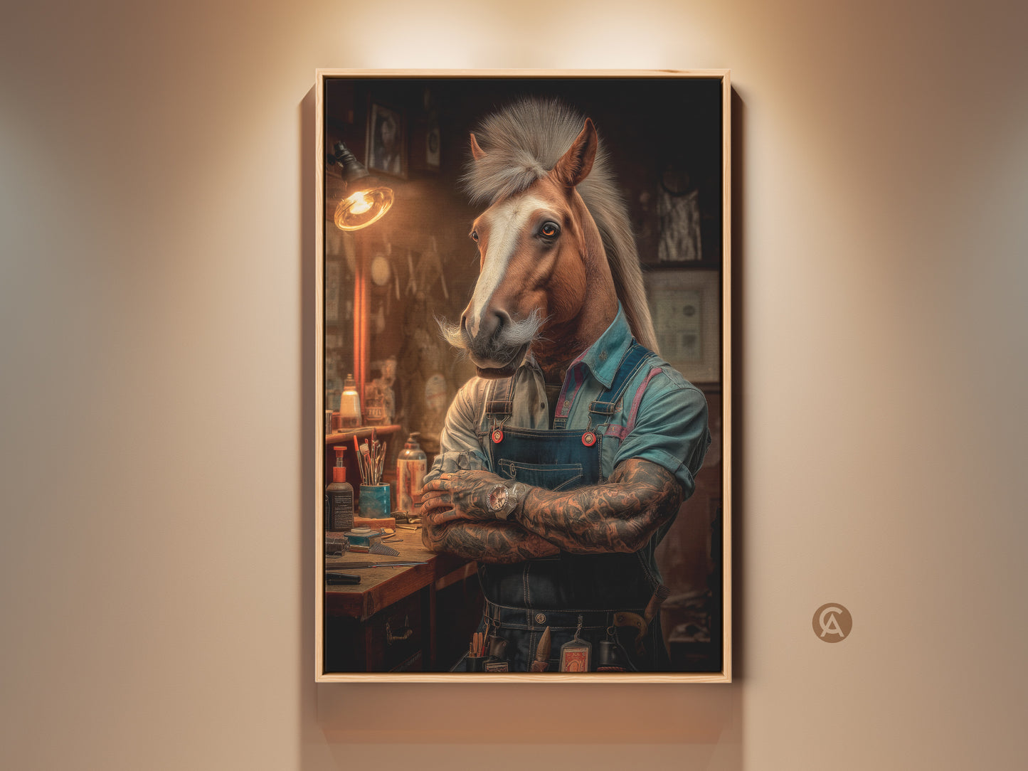 Surreal horse barber canvas print for eclectic home decor. This unique animal art features a tattooed horse as a barber in a neo noir style. Perfect as a conversation starter art or a gift for horse lovers. Add character to your masculine wall decor with this quirky art print.