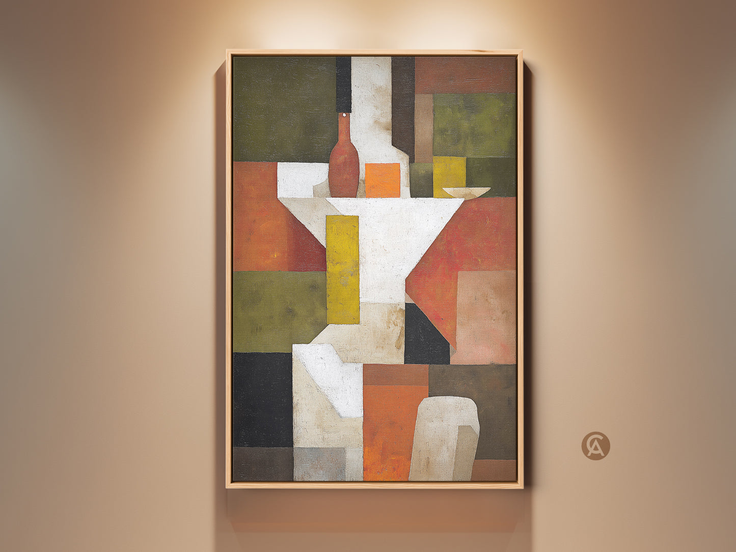 Experience Mid-Century Modern charm with this abstract still life wall art. The geometric cubism artwork features terracotta and olive green tones. This canvas art print enhances dining room decor. It's a sophisticated touch for any home or office space.
