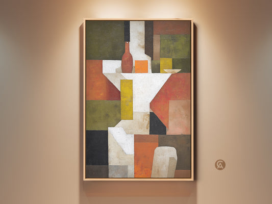 Experience Mid-Century Modern charm with this abstract still life wall art. The geometric cubism artwork features terracotta and olive green tones. This canvas art print enhances dining room decor. It's a sophisticated touch for any home or office space.