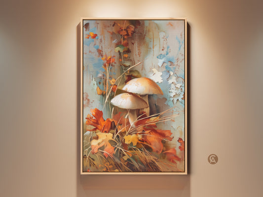 Gallery artwork of mushrooms. This framed art features a pair of mushrooms surrounded by autumn leaves. The artistic style is painterly with a blend of cool and warm tones. A beautiful piece for nature lovers.