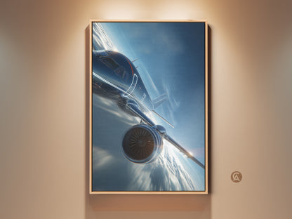 Modern aviation art print showcases a futuristic jet. The deep blue canvas art is perfect for office wall decor. This pilot gift is a contemporary masterpiece. The airplane engine artwork adds a touch of high-speed tech to any space.