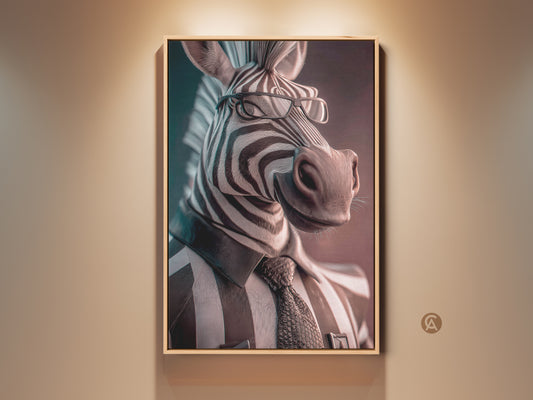 Framed zebra businessman art adds a quirky touch to your office. This monochrome animal portrait features a zebra in a suit. It is contemporary and surreal wall art. Perfect for any modern home decor. This is a unique animal lover gift idea.
