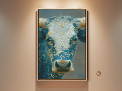 Close-up artwork of a blue and white bull with impressive horns. The detailed painting captures the animal's powerful gaze. This framed canvas art adds a touch of rustic charm to any room. Perfect for animal lovers and contemporary art collectors.