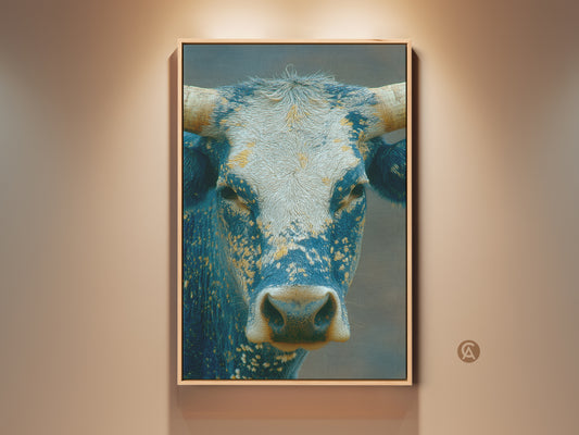 Close-up artwork of a blue and white bull with impressive horns. The detailed painting captures the animal's powerful gaze. This framed canvas art adds a touch of rustic charm to any room. Perfect for animal lovers and contemporary art collectors.