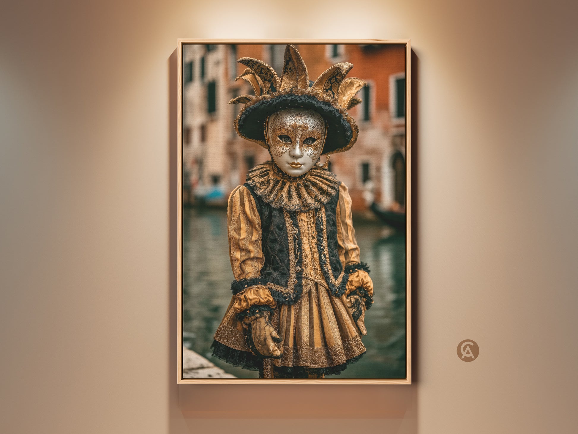 An ornate Venetian Jester Costume Artwork. The artwork is in a Baroque style with gold and black colors. This canvas print captures the festive spirit and intricate details. It adds opulent charm to any space. This artwork is an ideal gift for masquerade enthusiasts who love carnival art.